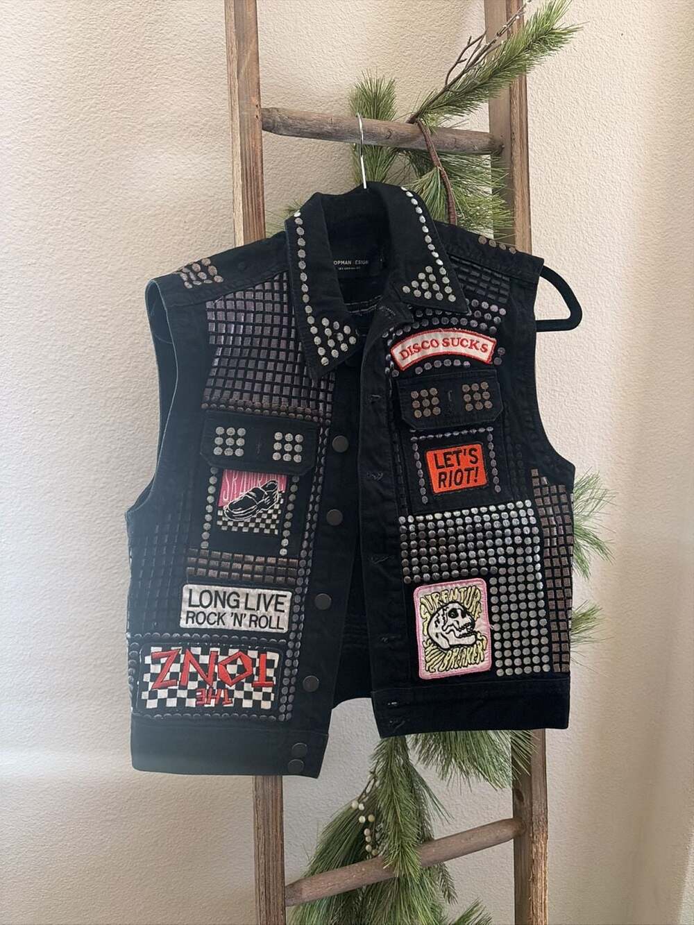 Topman Design Studded Black Denim Punk Vest with Patches
